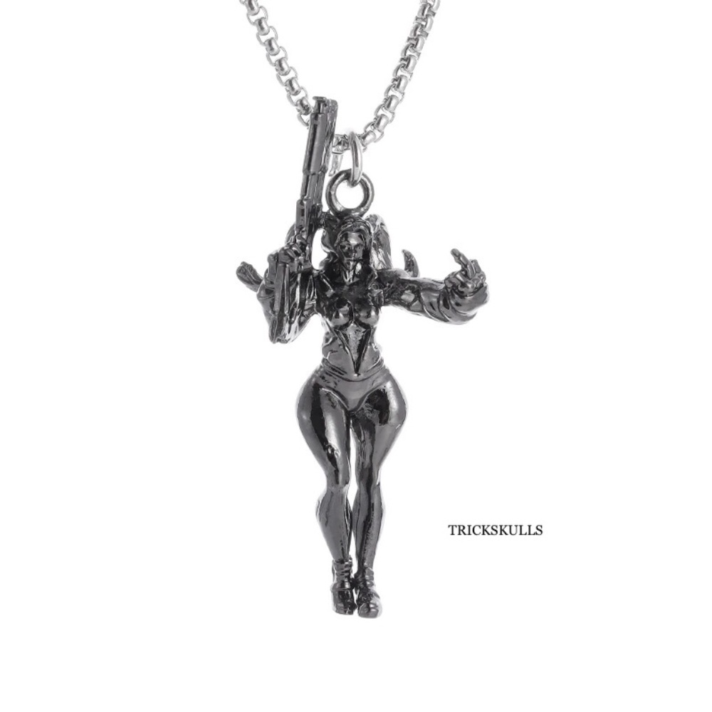 Machine Gun Middle Finger Mama Anime Gaming Pendant Punk Streetwear 60cm Chain